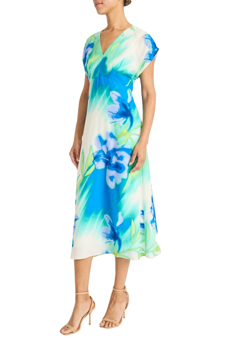 Print V-Print Midi Dress, Alternate, color, IVORY/ BLUE