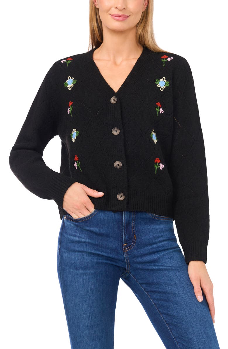 CeCe Floral Embroidered Pointelle Stitch Cardigan, Main, color, Rich Black