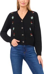 CeCe Floral Embroidered Pointelle Stitch Cardigan