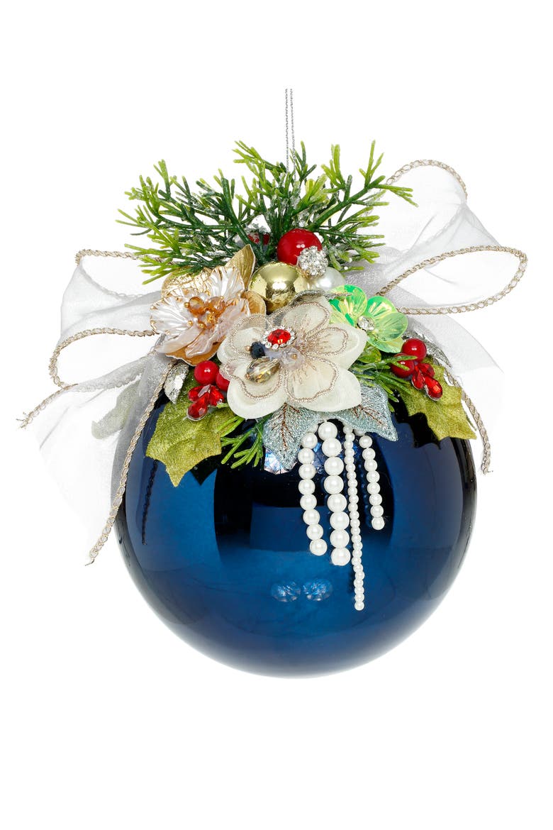 Floral Jeweled Ball Ornament, Shiny, Dark Blue, Main, color, Shiny Dark Blue