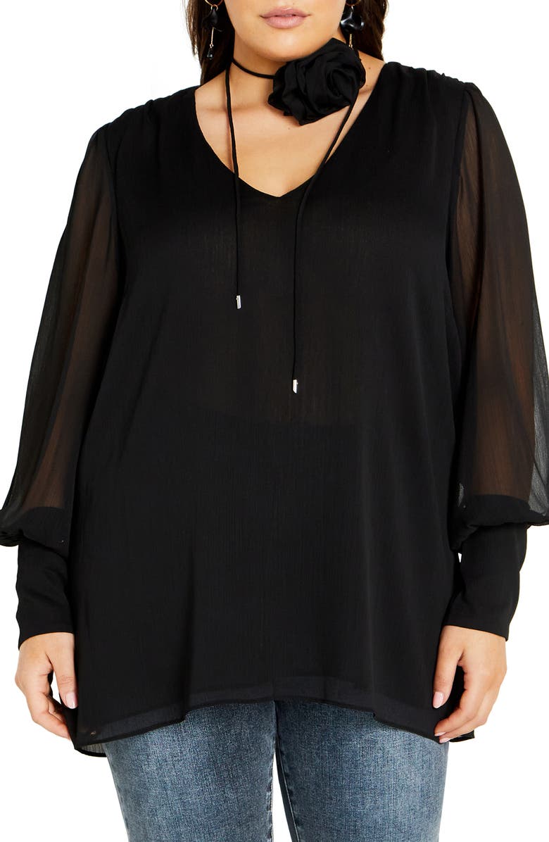 City Chic V-Neck Top with Floral Accent Tie, Main, color, 