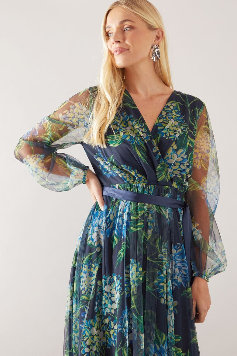 Petite Floral Mesh Satin Tie Midi Dress, Alternate, color, Navy
