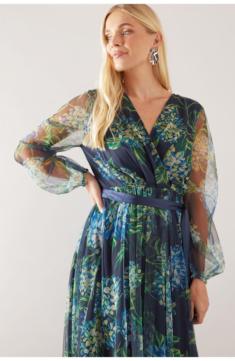 Wallis Petite Floral Mesh Satin Tie Midi Dress, Alternate, color, Navy
