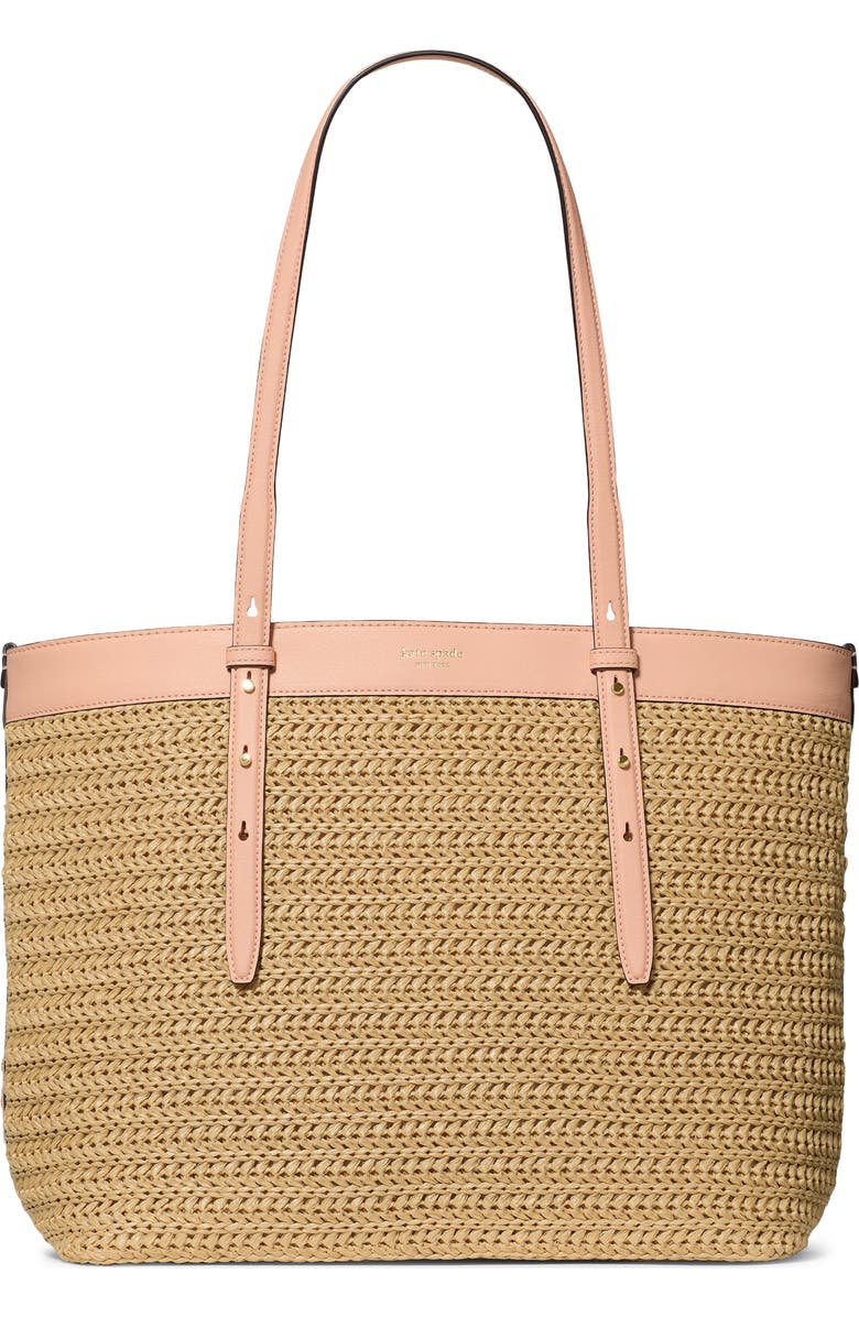 Kate Spade New York large do it all straw & leather tote, Main, color, Light Cantaloupe Multi
