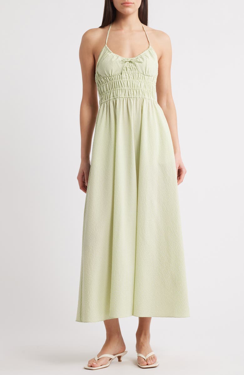 Solid & Striped The Lolita Gingham Smocked Cover-Up Halter Dress, Main, color, Matcha