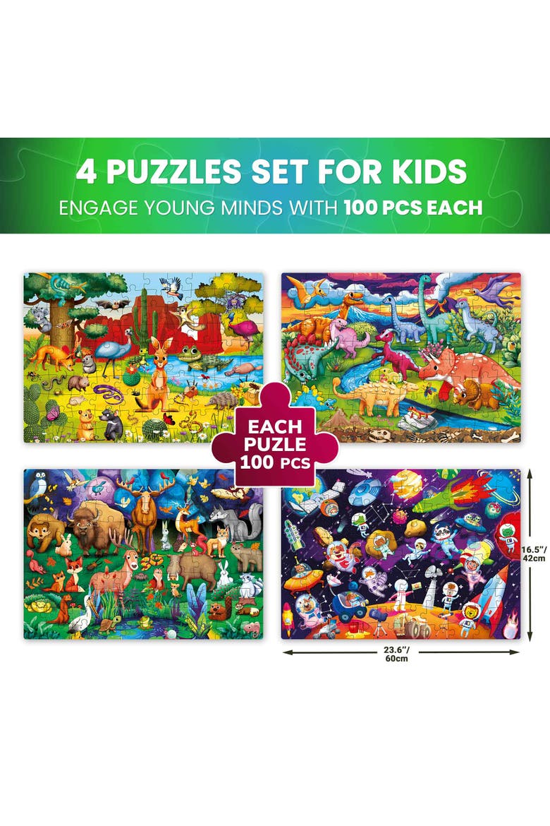 4x100 Piece Glow-in-The-Dark Kids Jigsaw Puzzles, Alternate, color, Dinos & Forest