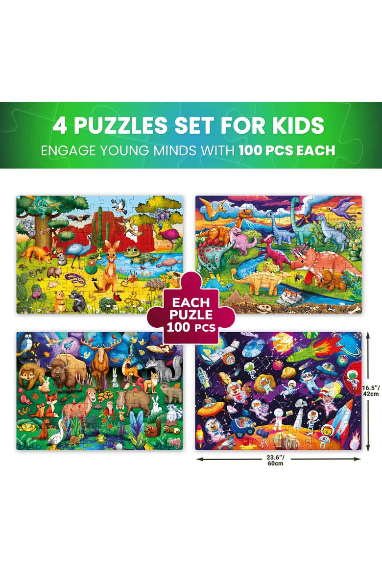 Quokka 4x100 Piece Glow-in-The-Dark Puzzles for Kids, Alternate, color, Dinos & Forest