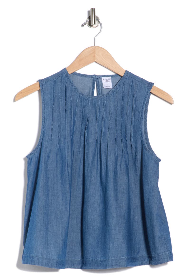 Pintuck Chambray Sleeveless Shell, Alternate, color, MEDIUM WASH