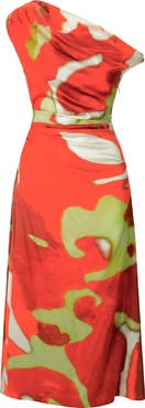 STAUD Phare Abstract Print One-Shoulder Stretch Silk Dress