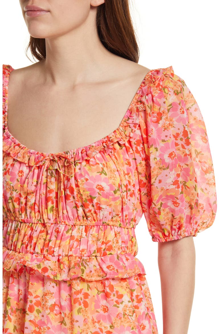 Women's Paloma Floral Print Tiered Midi Dress, Alternate, color, CORAL WATERCOLOR FLORAL