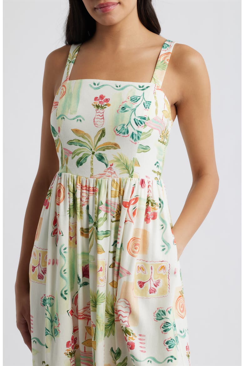 Tropical Print Midi Dress, Alternate, color, IVORY MULTI