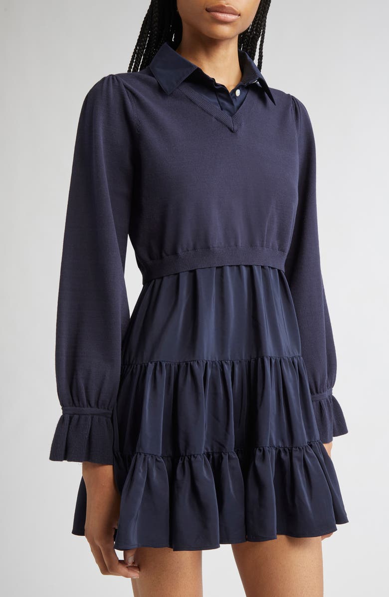 Cinq à Sept Luciana Long Sleeve Tiered Shirtdress, Alternate, color, Navy