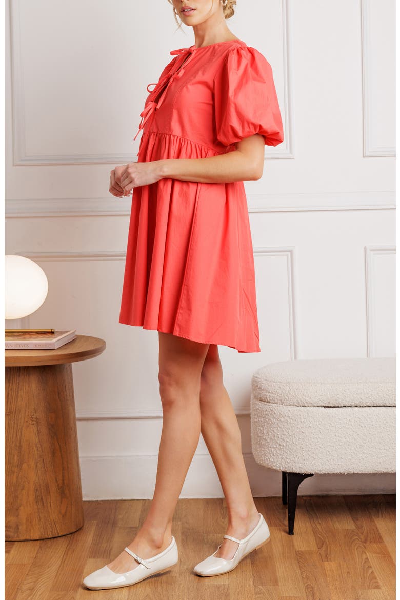 Tie Front Short Sleeve Babydoll Minidress, Alternate, color, CORAL RED