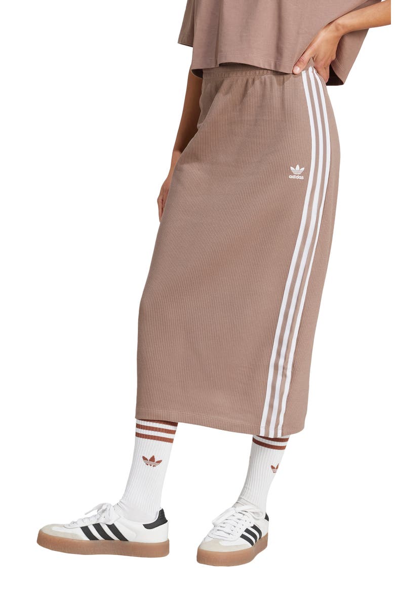 3-Stripes Knit Midi Skirt, Main, color, TRACE BROWN