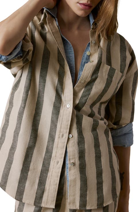 Stripe Relaxed Fit Cotton Blend Button-Up Shirt