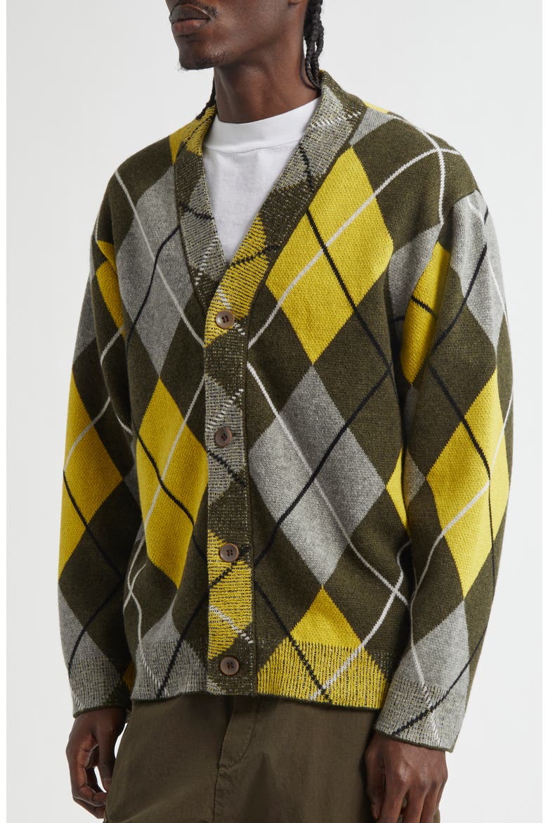 Argyle Jacquard Cashmere Cardigan, Alternate, color, OLIVE/ YELLOW