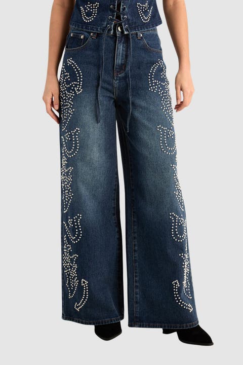 Western Baggy Studded Denim Jeans