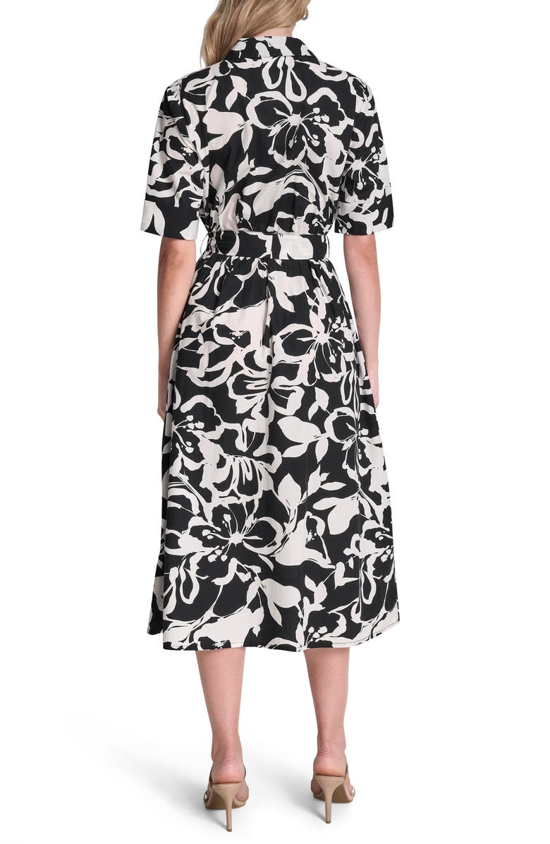 DKNY Floral Elbow Sleeve Cotton Midi Shirtdress, Alternate, color, Black/ Ivory