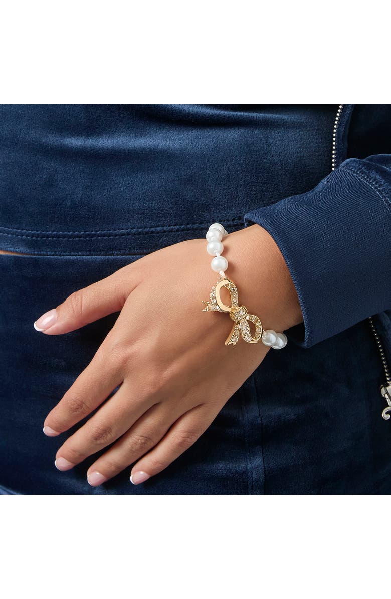 Juicy Couture Pearl Bracelet with Pave Bow, Alternate, color, Gold Tone