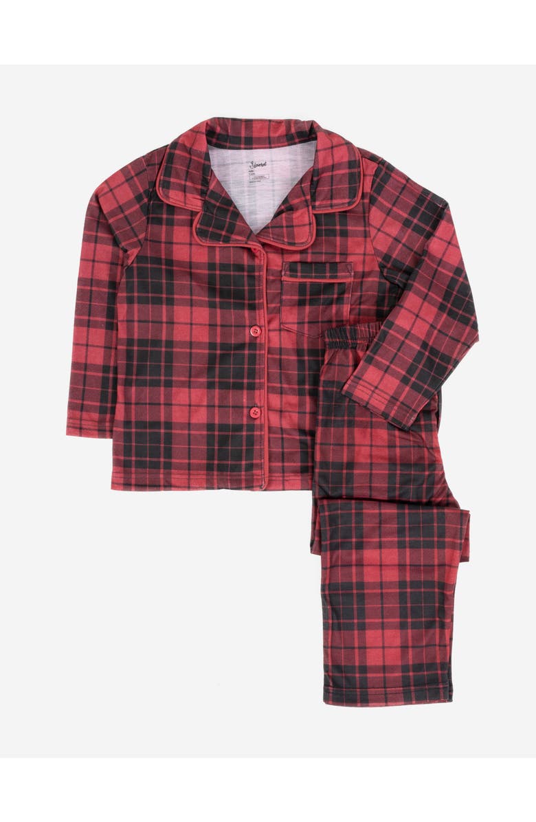 Leveret Kids Button-Front Flannel Printed Holiday Pajama Set, Main, color, Plaid Black & Red