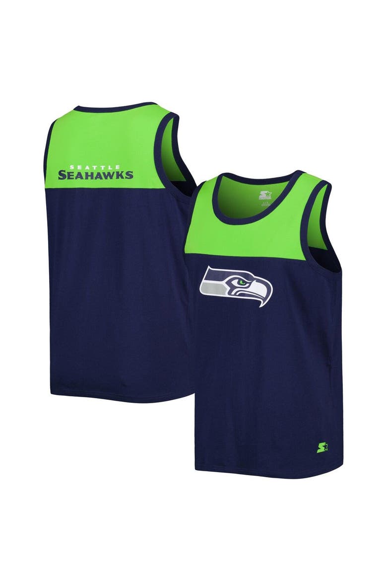 Men's Starter College Navy/Neon Green Seattle Seahawks Team Touchdown Fashion Tank Top, Alternate, color, Navy