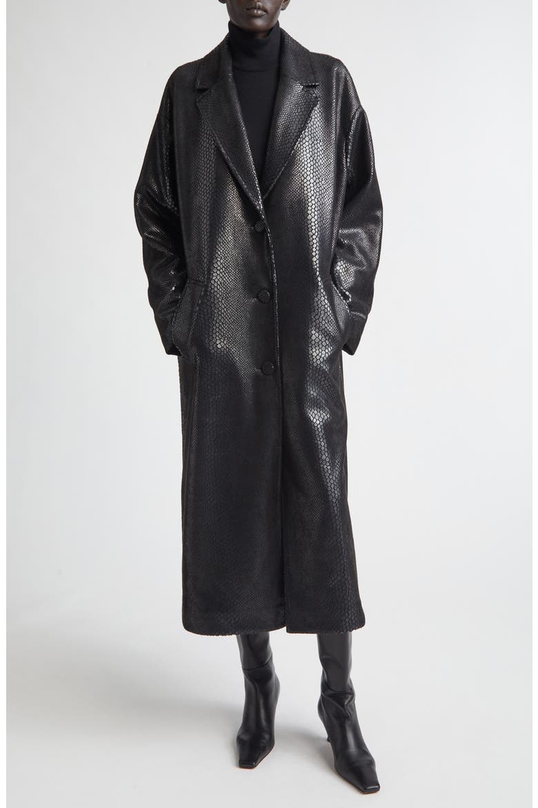 Oceana Reptile Embossed Faux Leather Coat, Main, color, BLACK