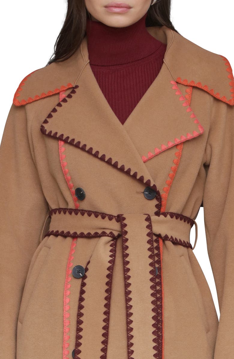 Avec Les Filles Whipstitch Trim Belted Double Face Coat, Alternate, color, Caramel