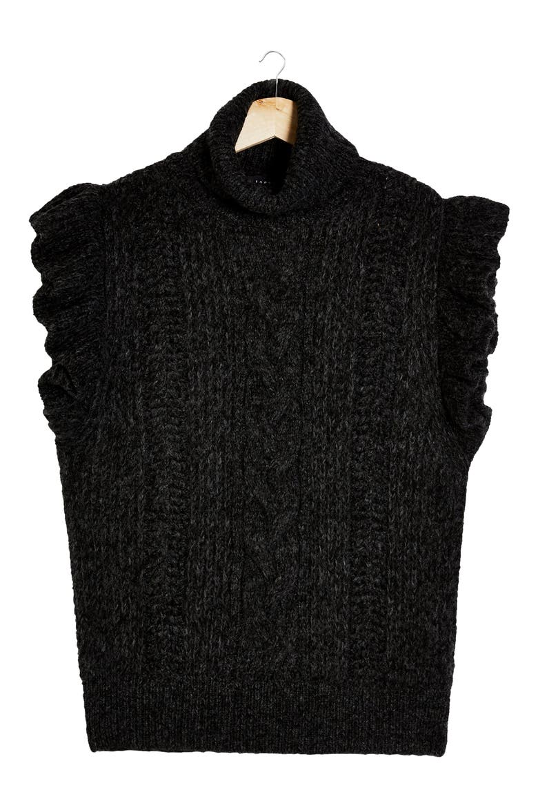 Flutter Sleeve Cable Knit Turtleneck Sweater, Alternate, color, CHARCOAL