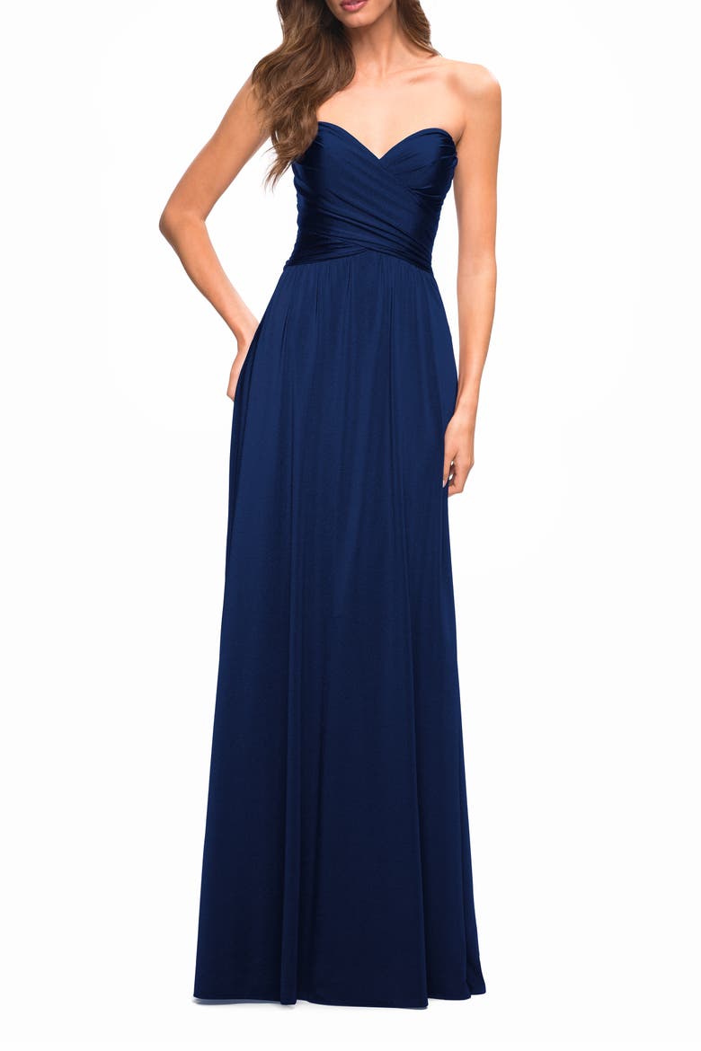 Simple Strapless Jersey Dress with High Slit, Main, color, Navy