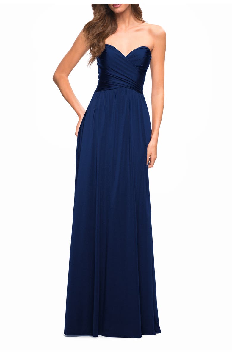 La Femme Simple Strapless Jersey Dress with High Slit, Main, color, Navy