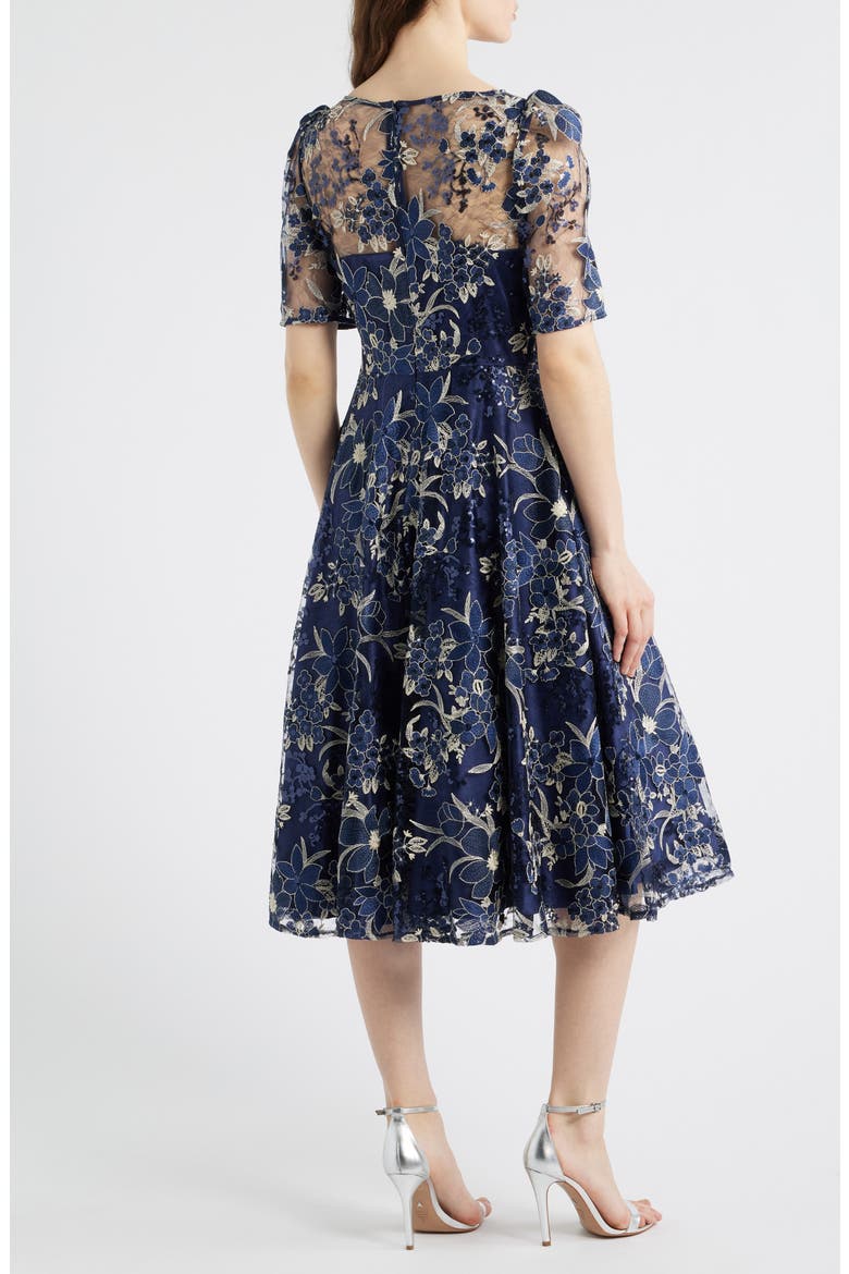 Illusion Embroidered Fit & Flare Cocktail Dress, Alternate, color, NAVY