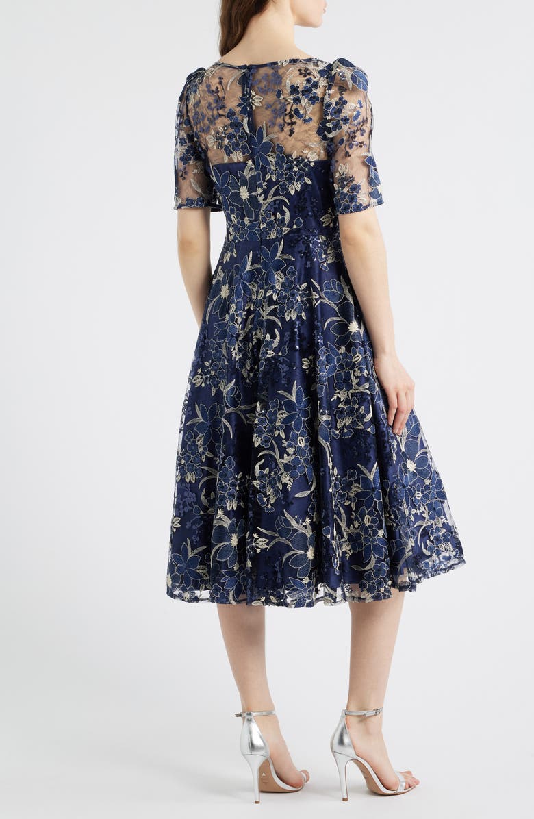 Eliza J Sequin Floral Embroidery Fit 
Flare Cocktail Midi Dress, Alternate, color, Navy