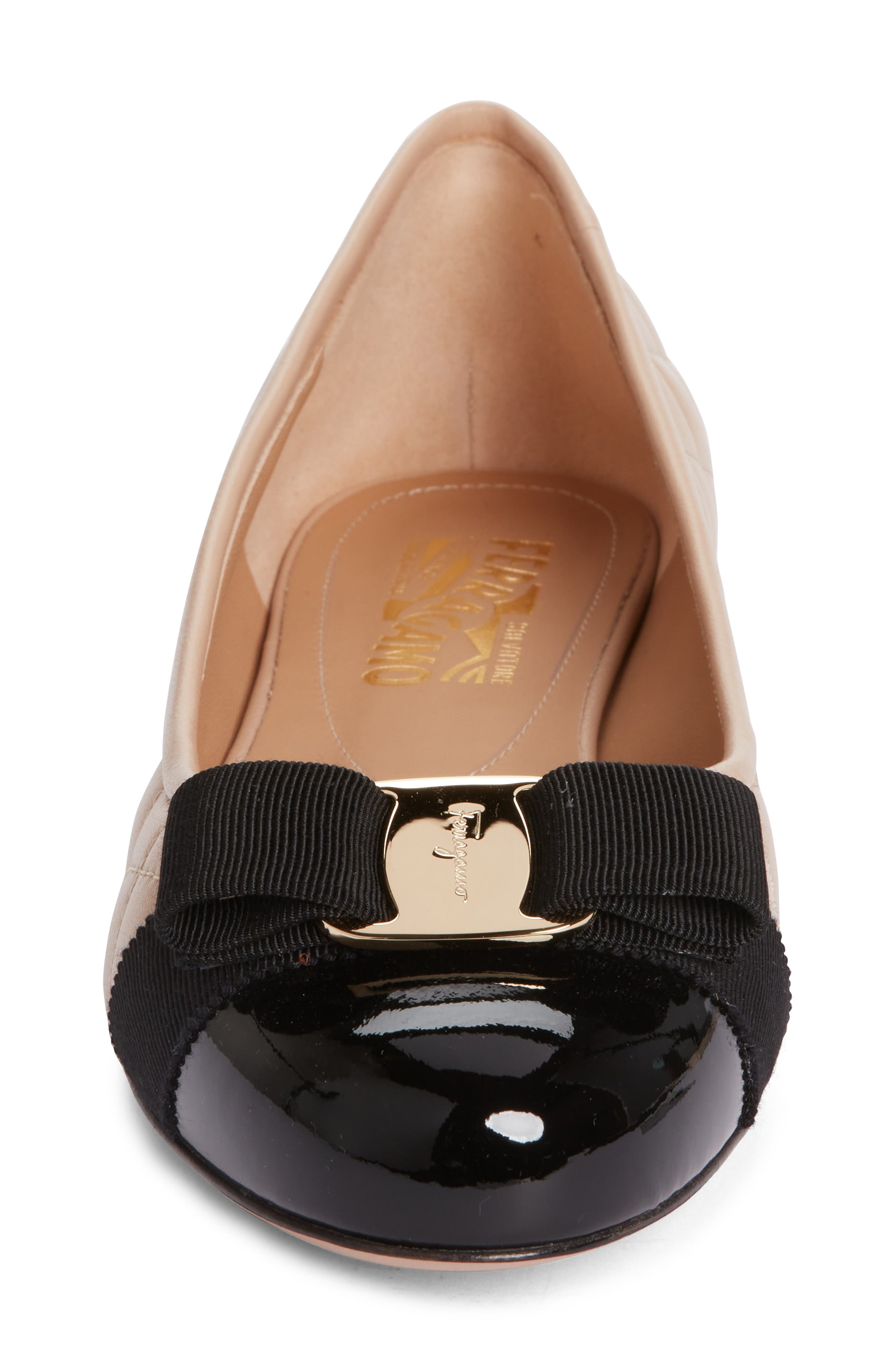 FERRAGAMO Varina Cap Toe Ballet Flat, Alternate, color, New Bisque Black Patent