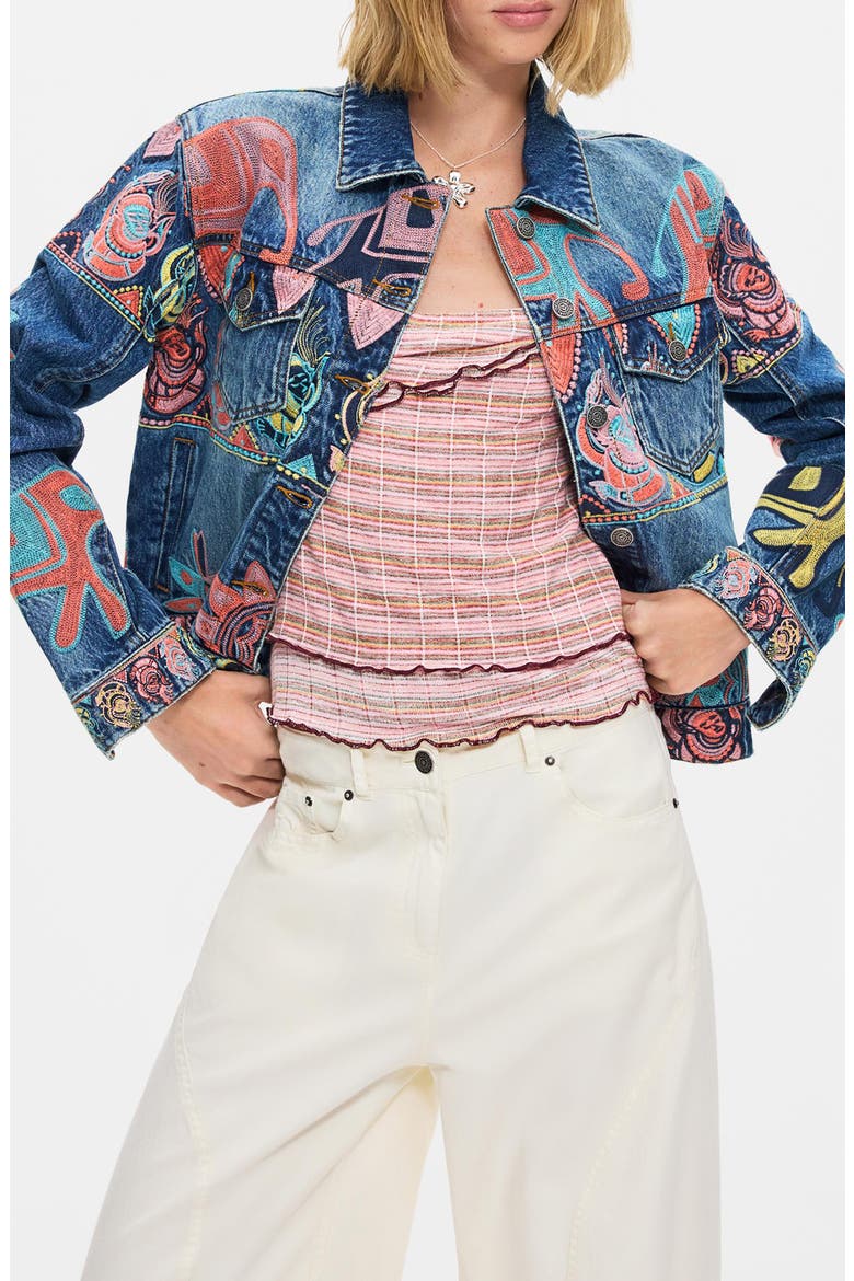 Embroidered Denim Trucker Jacket, Main, color, MEDIUM BLUE