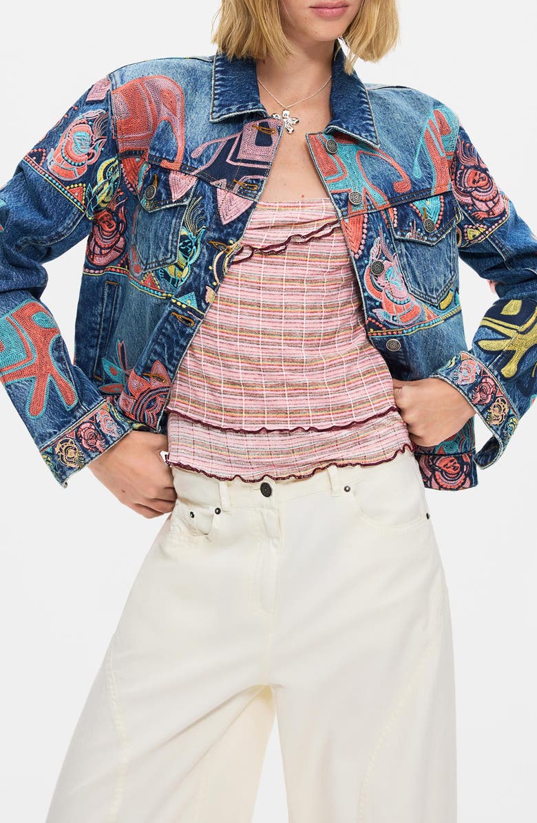 Desigual Embroidered Denim Trucker Jacket, Main, color, Medium Blue