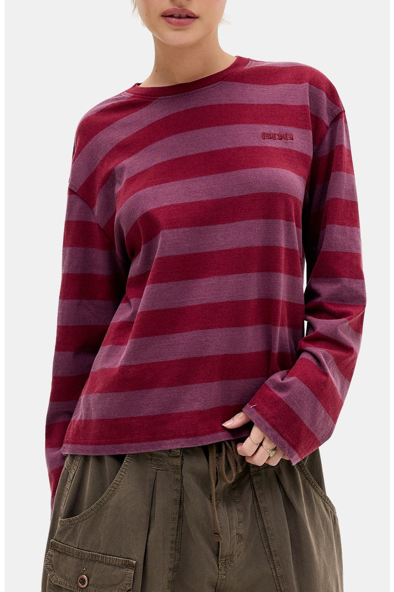 Stripe Long Sleeve Boxy Cotton Top, Main, color, BURGUNDY STRIPE