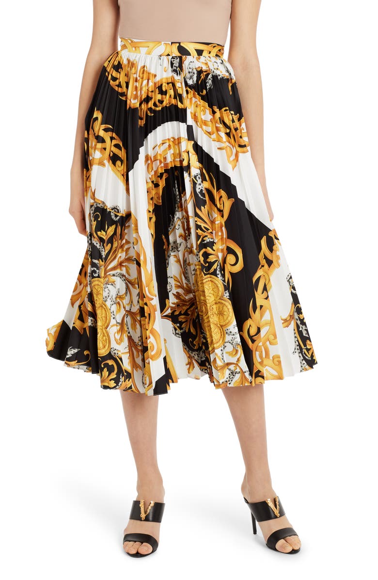 Versace Pleated Barocco Acanthus Print Midi Skirt, Main, color, 