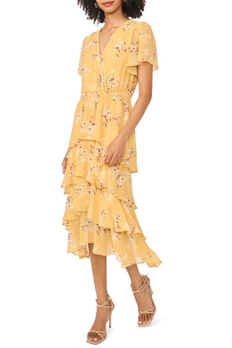 Floral Tiered Midi Dress, Alternate, color, GOLDEN