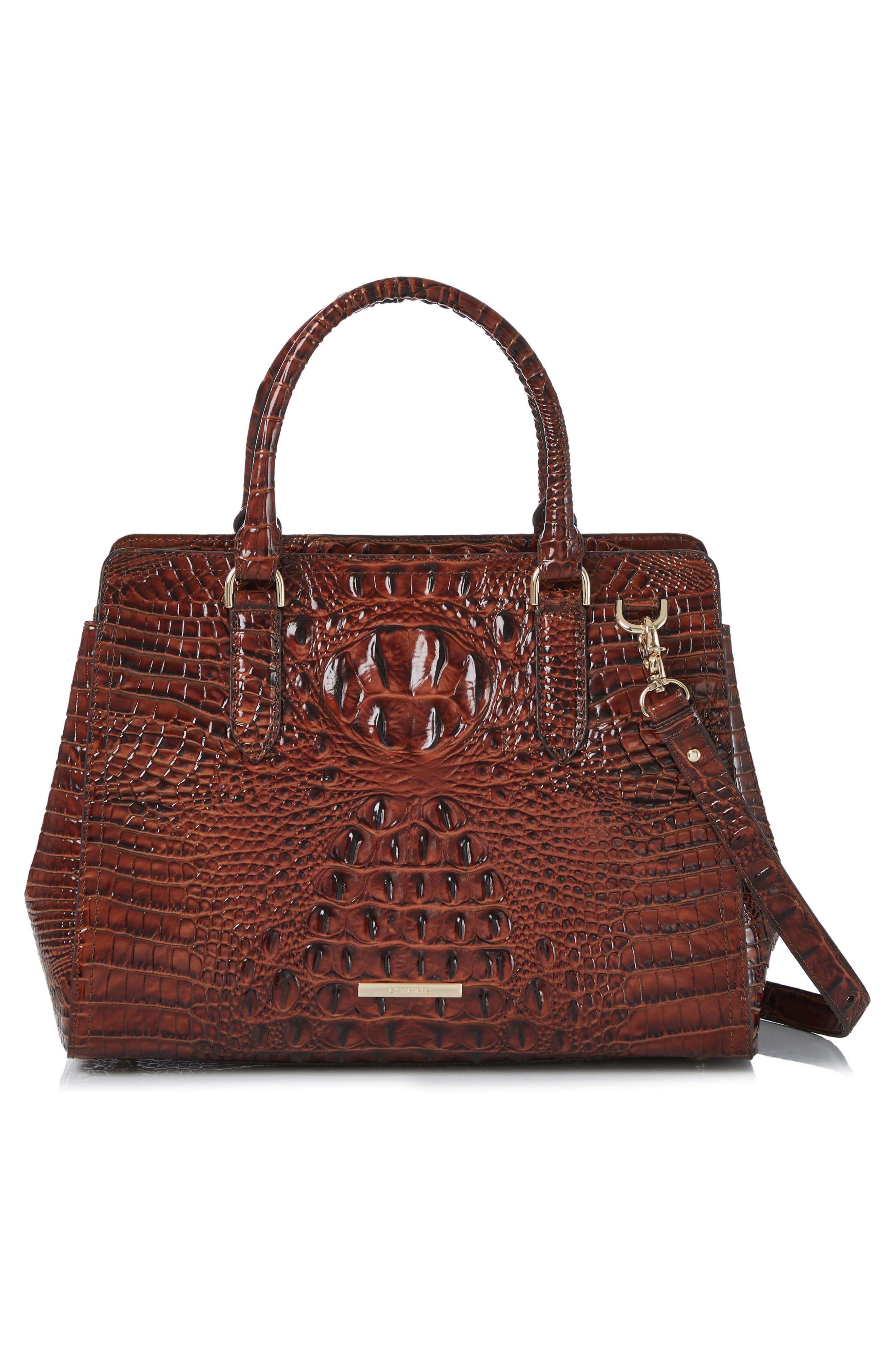 Brahmin Small Finley Croc Embossed Leather Satchel, Alternate, color, Pecan