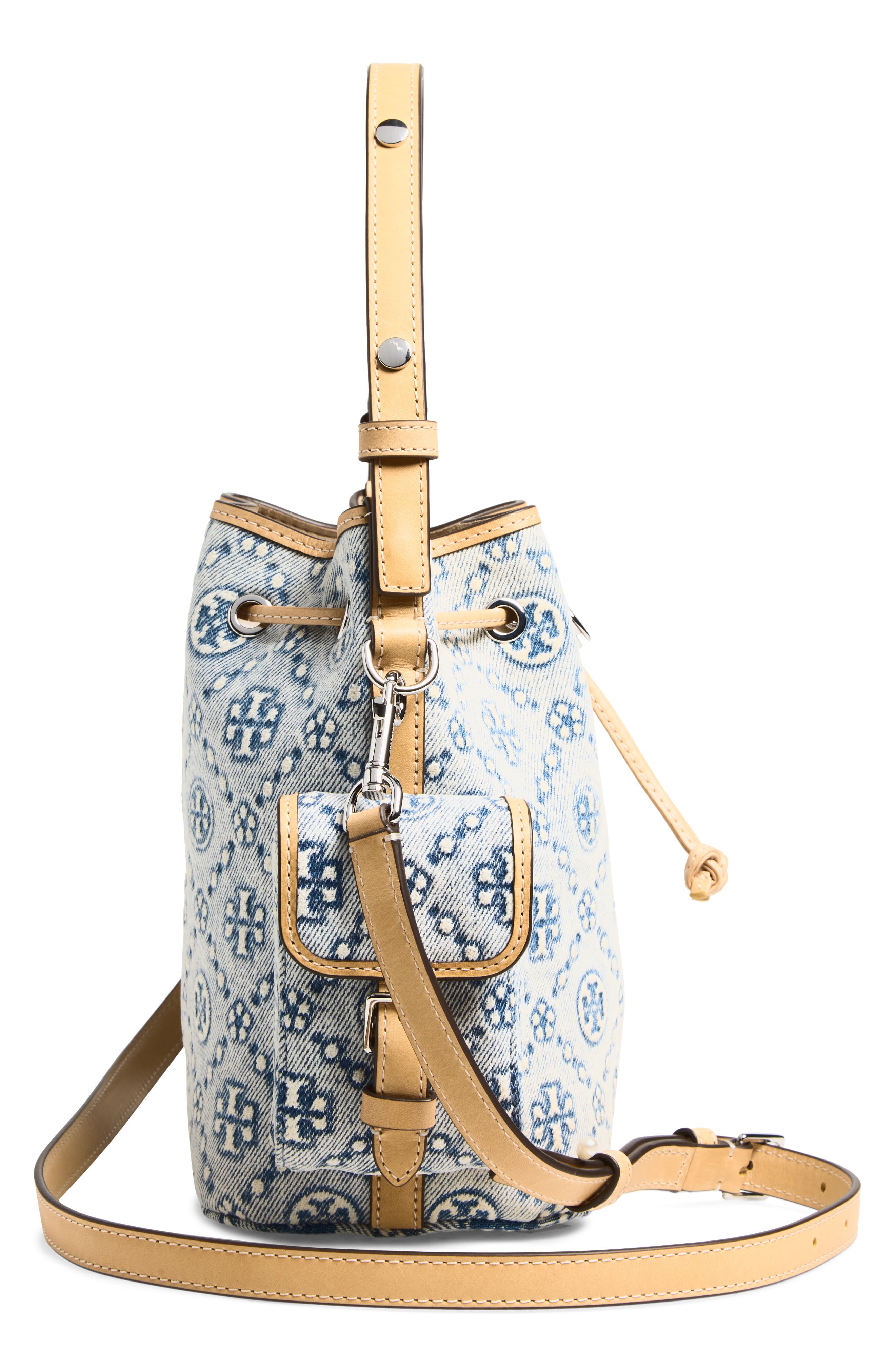 Tory Burch T Monogram Denim Bucket Bag, Alternate, color, Powder Blue