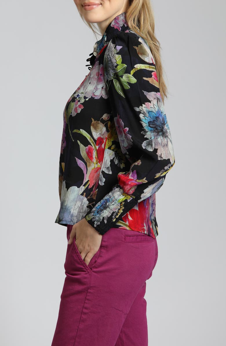 APNY Puff Shoulder Button Front Top, Alternate, color, Black Floral Multi
