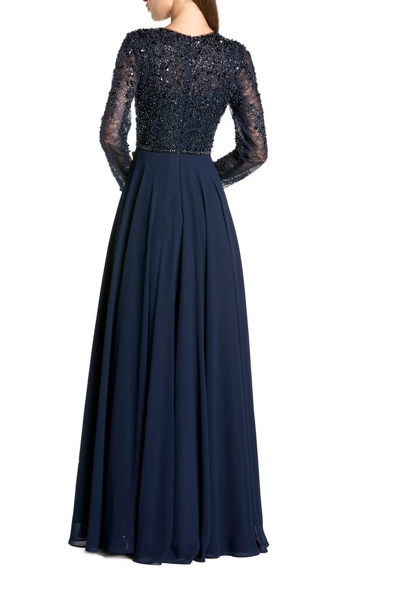 Embellished Lace Long Sleeve Gown With Chiffon Skirt, Alternate, color, Midnight