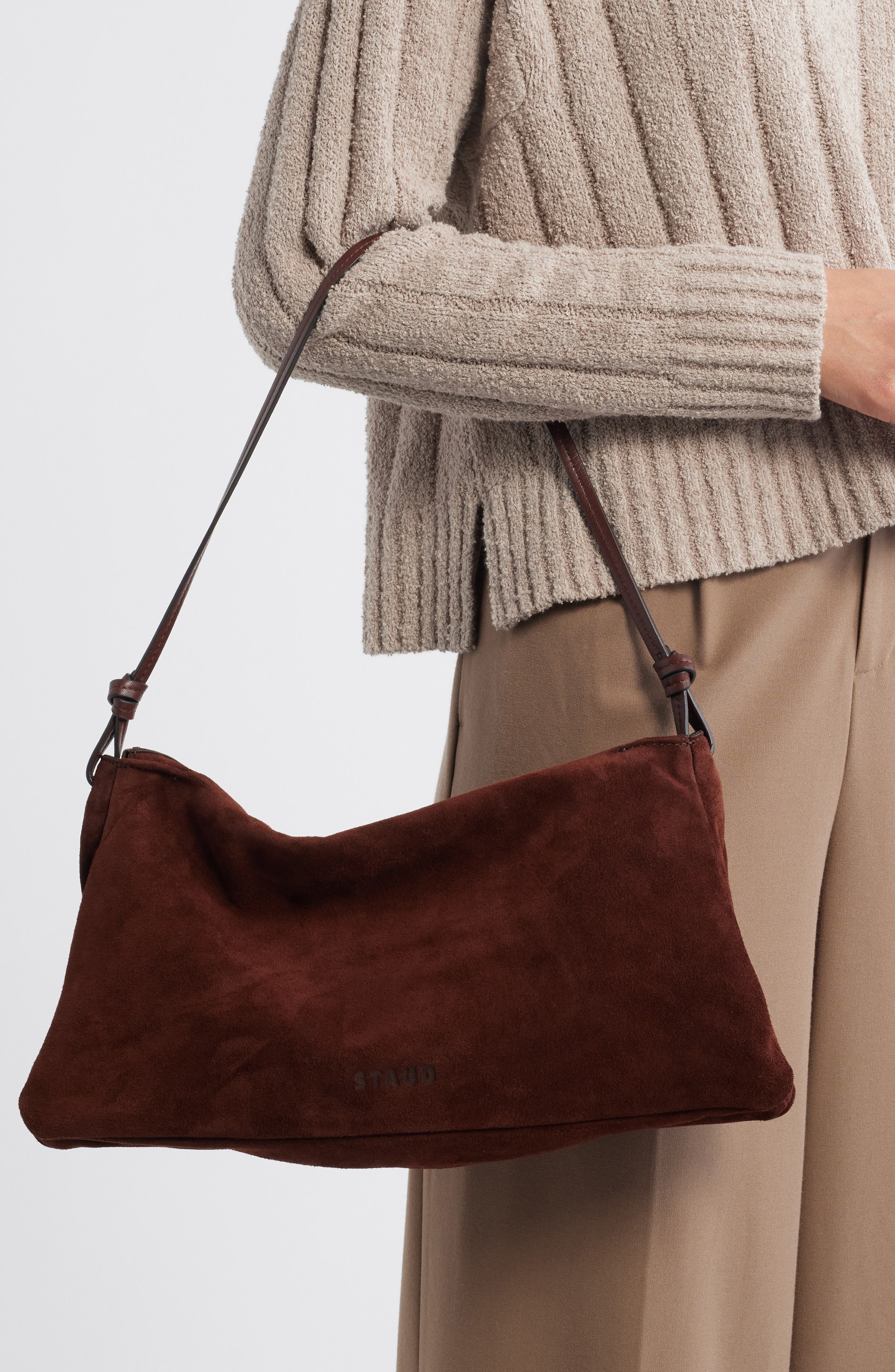 STAUD Wally Suede Shoulder Bag, Alternate, color, Mahogany
