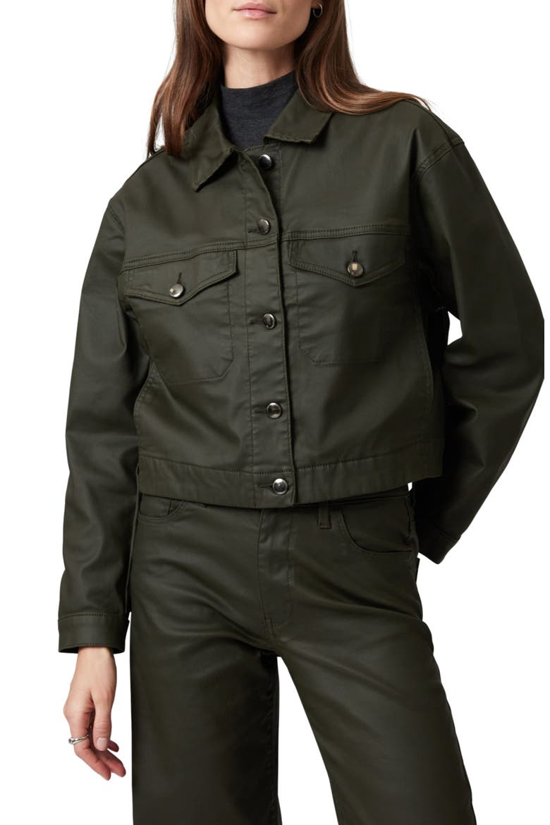 Maren Coated Crop Denim Jacket, Main, color, DARK OLIVE COATED