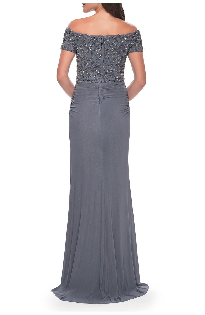 La Femme Net Jersey Long Gown with Exquisite Beaded Design, Alternate, color, Gunmetal
