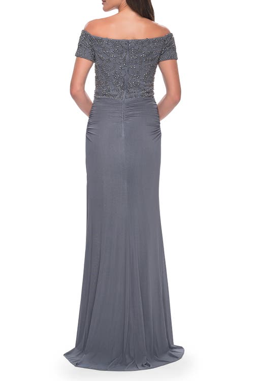 LA FEMME LA FEMME NET JERSEY LONG GOWN WITH EXQUISITE BEADED DESIGN