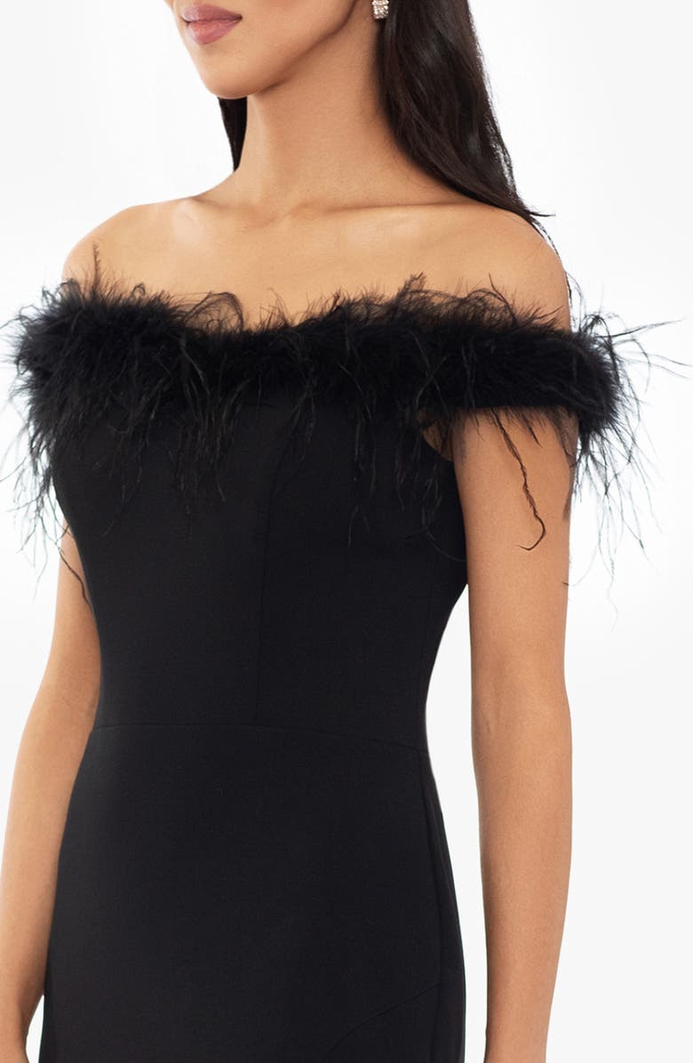 Xscape Evenings Feather Trim Off the Shoulder Scuba Gown, Alternate, color, 