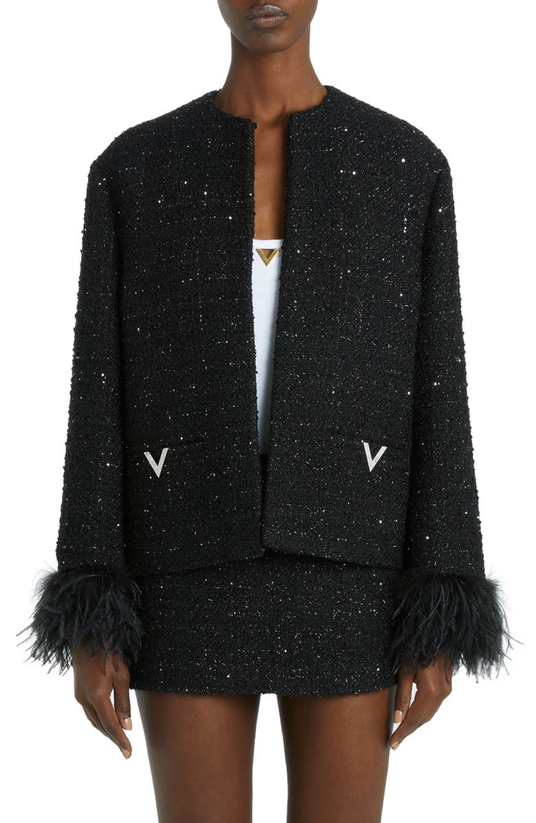 Valentino Garavani Feather Trim Metallic Tweed Jacket, Main, color, 