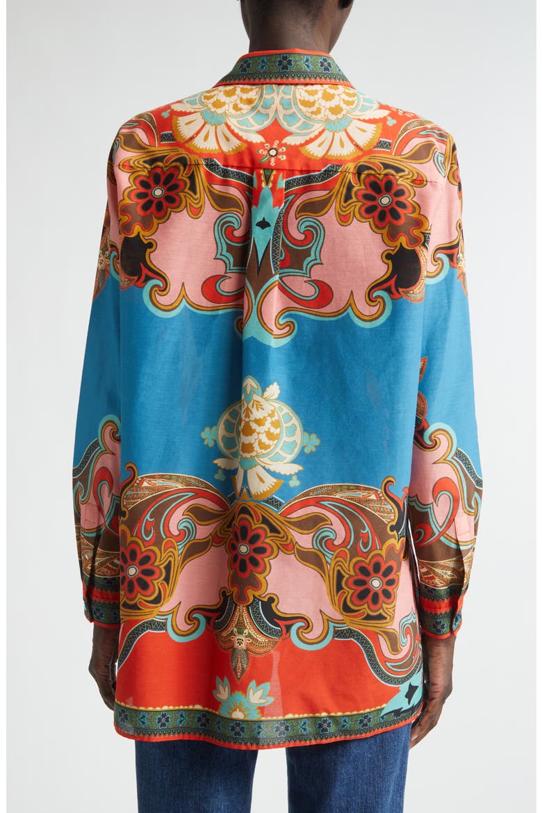 Print Cotton & Silk Tunic Button-Up Shirt, Alternate, color, PRINT ON BLUE BASE