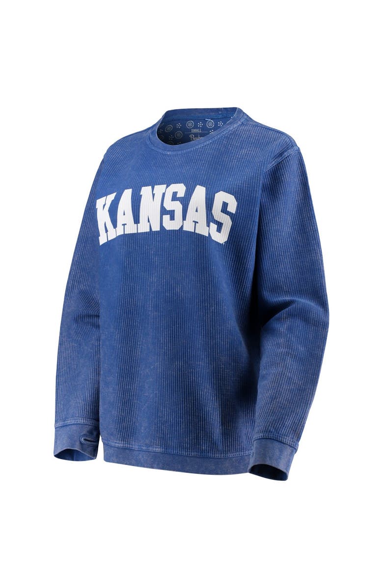 PRESSBOX Women's Pressbox Royal Kansas Jayhawks Comfy Cord Vintage Wash Basic Arch Pullover Sweatshirt, Alternate, color, Royal